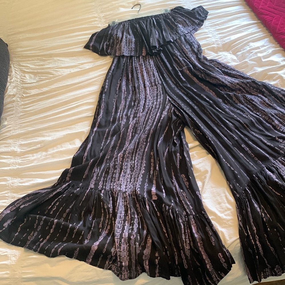 Free People strapless jumpsuit/palazzo pants, smocked purple and lilac. pockets.